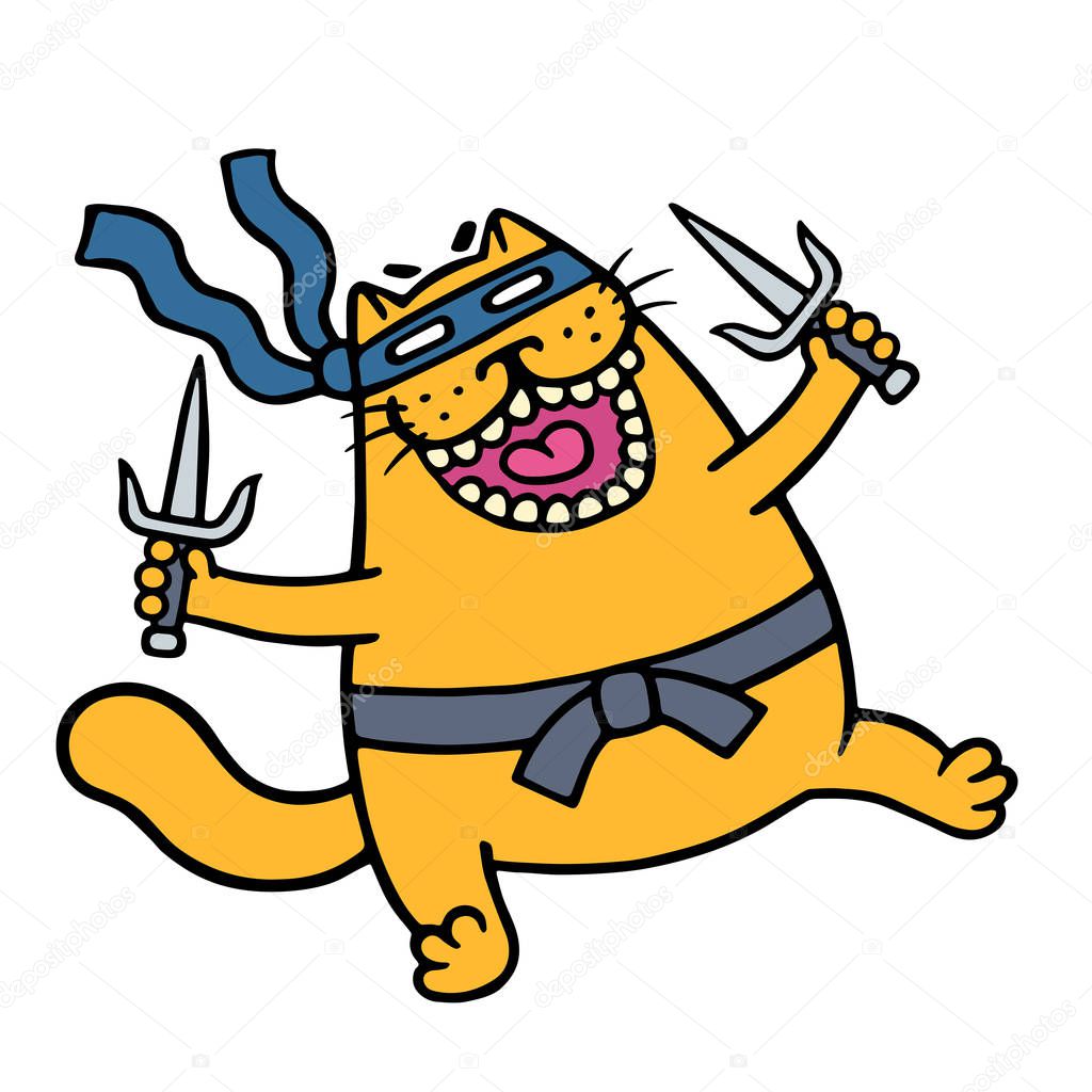 Cute fat ninja cat in a mask and with two sais in the paws. Funny cartoon pet character.