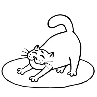 Uykucu şirin kedi uyandım ve halının üzerine gerilmiş. Günaydın. Kontur freehand dijital çizim.