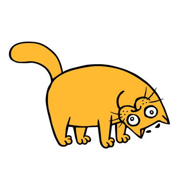 Oynama ve başını eğik komik turuncu kedi. Sevimli çizgi evde beslenen hayvan