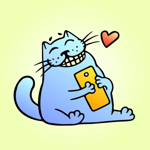 Lindo Gato Azul Feliz Abraza Teléfono Inteligente Carácter Emoticono Gordo —  Fotos de Stock