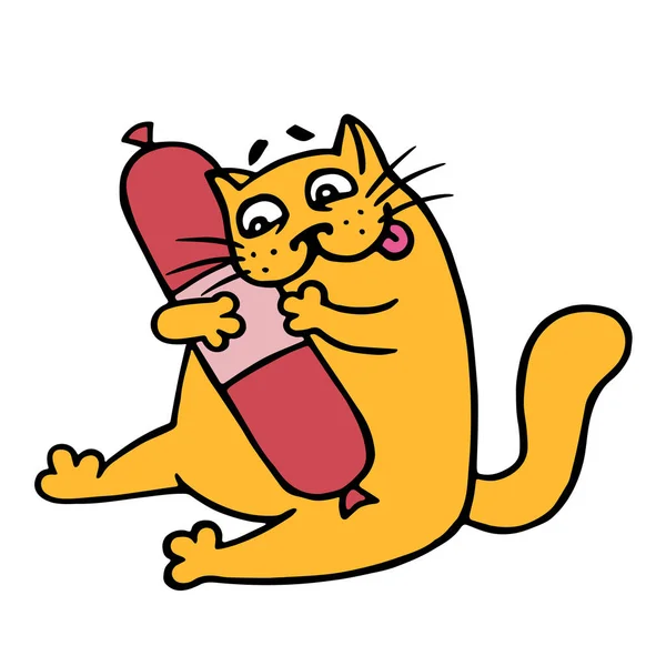 Cute cartoon orange cat want smoked sausage salami. Isolated animal cheerful pet.