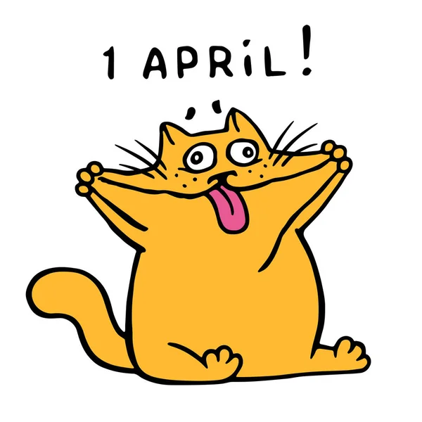 Cute fat orange cat stretched his cheeks and shows tongue. April holiday is a fool\'s day illustration.