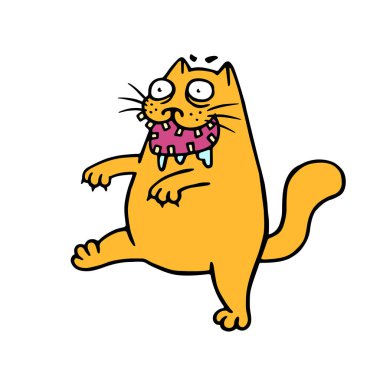Komik şişman kedi zombi ava gider. Bir tür korku. Korkunç hayvan karakter yüz.