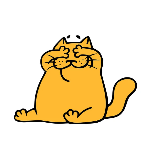 Funny orange cat enjoys covering his eyes with paws. Hide and seek. Cute cartoon character.