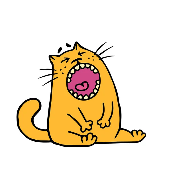 Funny fat orange cat is upset and screams meow. Cartoon animal character.