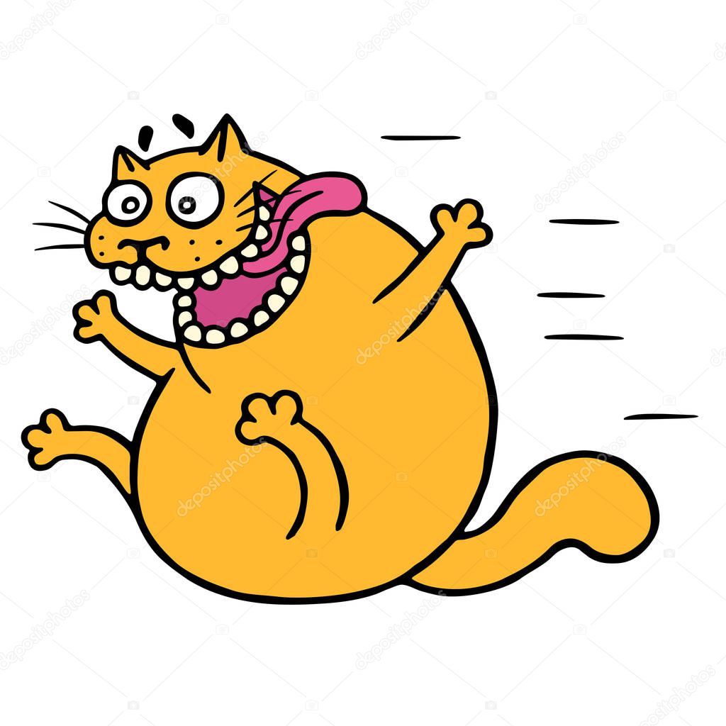Cute mad cat flies with joy. Funny cartoon animal character hurry up.
