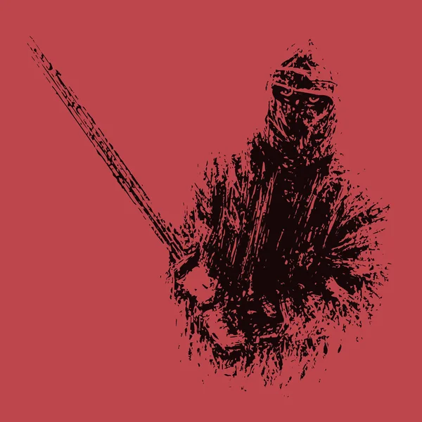 Ninja Avec Épée Préparant Attaquer Illustration Vectorielle Couleur Fond Rouge — Image vectorielle