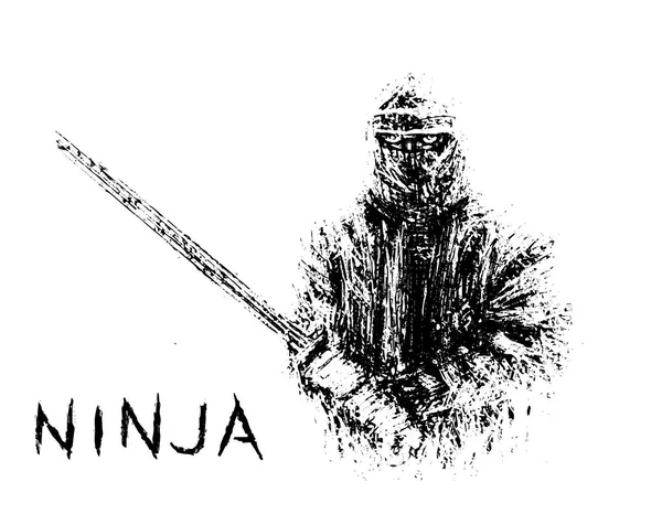 Ninja Dengan Pedang Mempersiapkan Serangan Vektor Ilustrasi Latar Belakang Putih - Stok Vektor