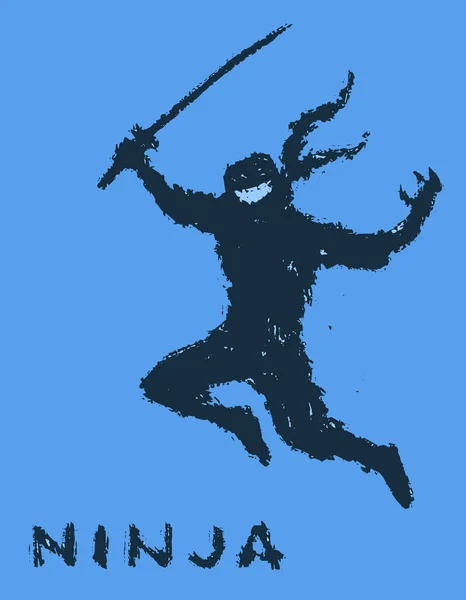 Ninja Con Ataques Espada Salto Ilustración Vectorial Color Fondo Azul — Vector de stock