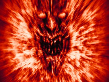 Kızgın iblis yüz yangında bağırır. Bir tür korku. Turuncu renk arka plan.