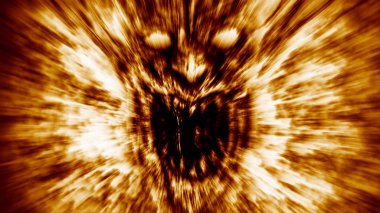 Kızgın iblis yüz yangında bağırır. Turuncu renk arka plan. Tür korku.