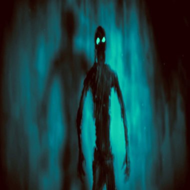 Mezar içinde saldırı hayalet. Bir tür korku. Mavi arka plan rengi.