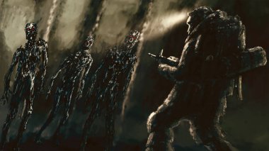 Mezar içinde saldırı zombiler. Bir tür korku. Yeşil arka plan rengi.