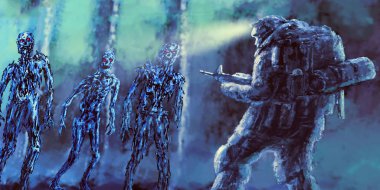 Mezar içinde saldırı zombiler. Bir tür korku. Mavi arka plan rengi.