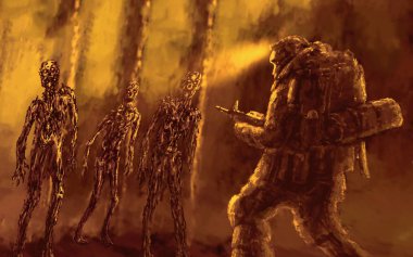 Mezar içinde saldırı zombiler. Bir tür korku. Turuncu arka plan rengi.