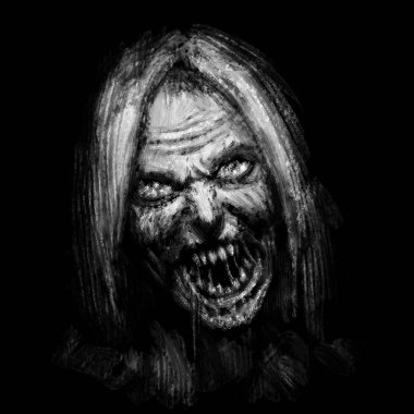 Siyah arka plan üzerine korkunç zombi kadın yüzü. Korku tür çizimde.