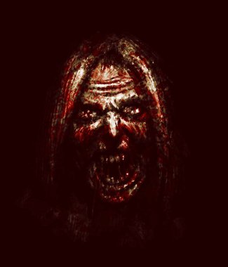 Siyah arka plan üzerine korkunç zombi kadın yüzü. Korku tür çizimde.