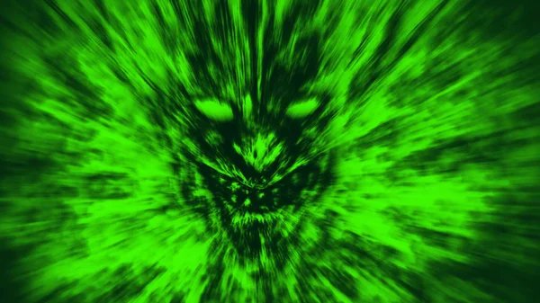 愤怒的魔鬼脸在火中尖叫 恐怖流派 绿色背景色 — 图库照片
