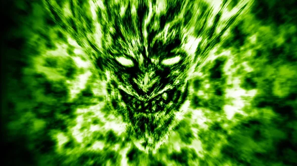 Zły Demon Twarz Krzyczy Ogień Gatunek Horror Zielony Kolor Tła — Zdjęcie stockowe