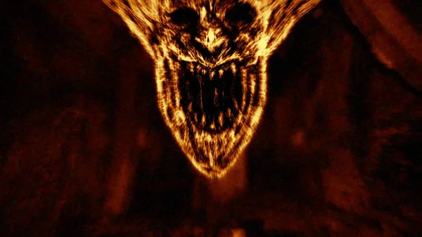 Angry demon face screams in fire. Genre of horror. Orange color background.