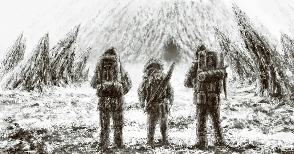 Three men stands at the entrance to the cave. Drawing digital illustration.