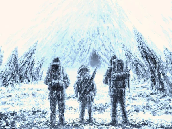 Three men stands at the entrance to the cave. Drawing digital illustration. Blue background color.