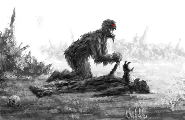 Rozzlobený Zombie Sedí Svou Kořist Děsivé Monstrum Charakter Žánr Horor — Stock fotografie