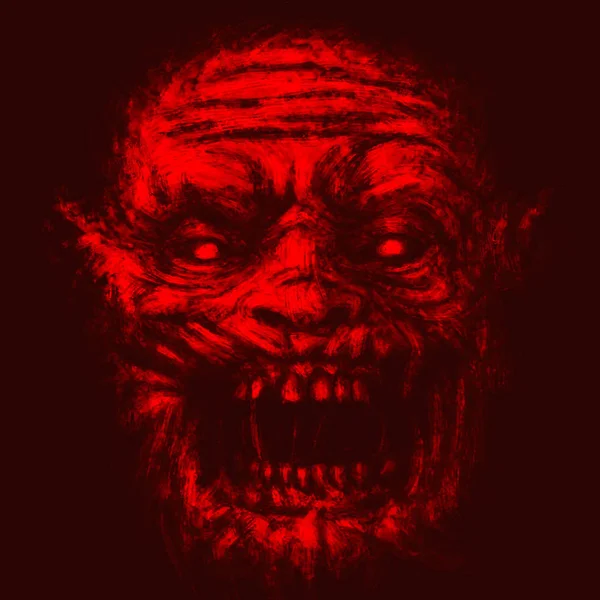 可怕的僵尸脸 在恐怖流派的例证 红色背景色 — 图库照片