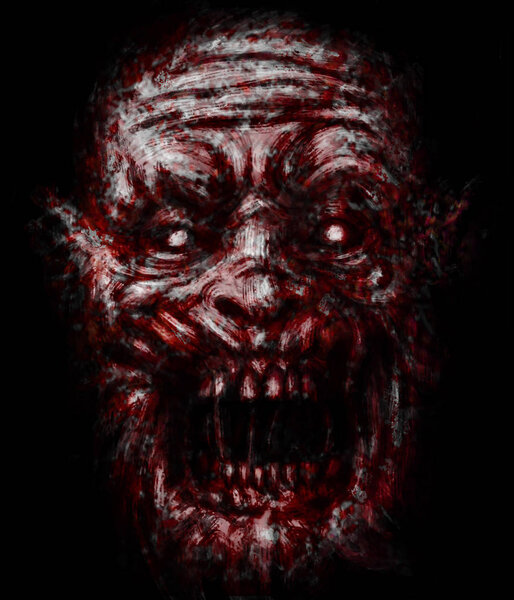 Scary zombie bloody face on black background. Illustration in horror genre.