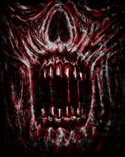 Scary zombie jaws on bloody background. Illustration in horror genre. Drawing monster character face.
