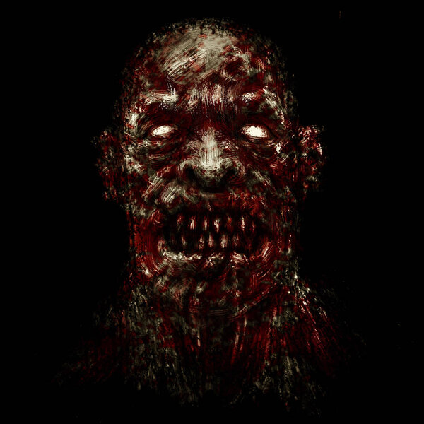 Scary demon face. Illustration in genre of horror. Black background color.