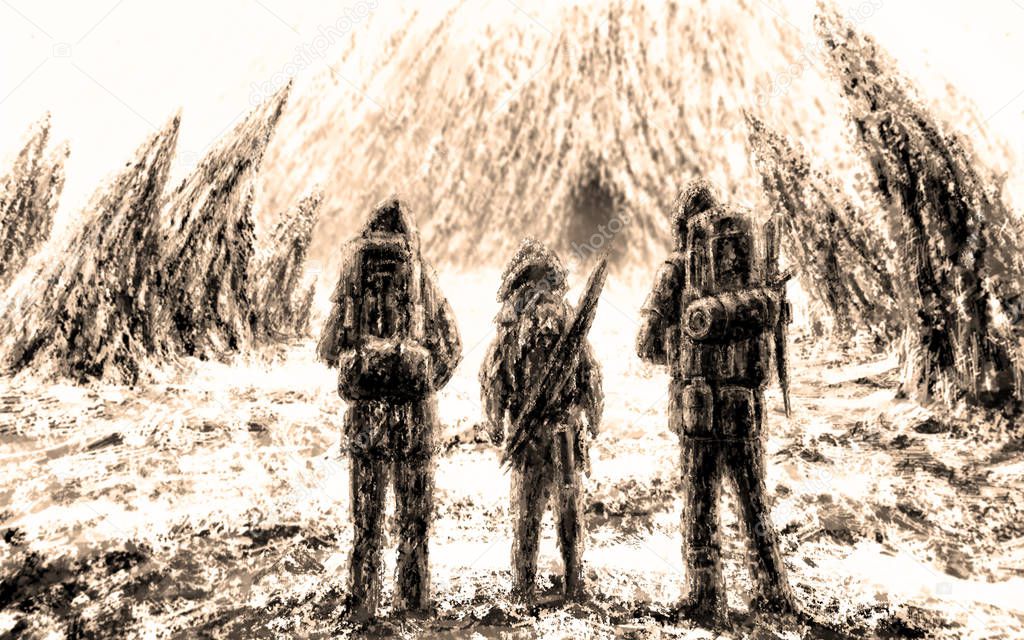 Three men stands at the entrance to the cave. Drawing digital illustration. Sepia background color.