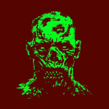 Yeşil zombi kıyamet yüz. Korku tür. Kırmızı arka plan rengi. Vektör çizim.