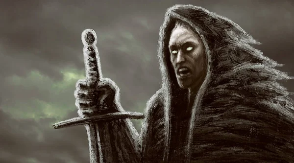 Kızgın Karanlık Monk Kılıç Ile Tür Fantezi Arka Plan Bulutlar — Stok fotoğraf