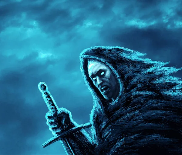Wütender Dunkler Krieger Mit Schwert Fantasy Genre Blaue Hintergrundfarbe — Stockfoto