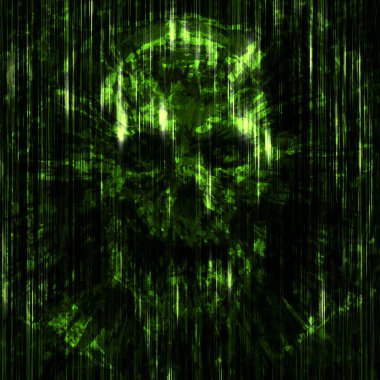 Korkunç kafatası arka plan küçük enkaz içine. Yeşil arka plan rengi. Korkunç karakter kafa.