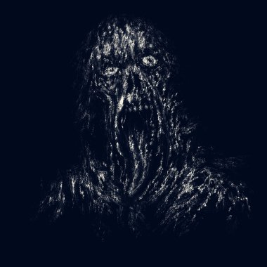 Bozuk yüz ve dil asılı korkunç koyu zombi. Korku tür siyah arka plan üzerine çizimde.