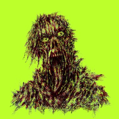 Kanlı zombi yırtık yüz ve dil asılı. Korku tür yeşil arka plan üzerinde resimde.