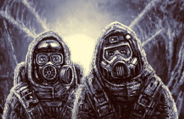 Deux Soldats Combinaison Protection Examinent Zone Infectée Zone Danger — Photo