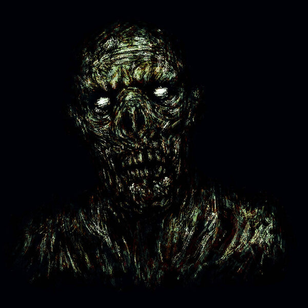 Scary green zombie apocalyptic face. Horror genre. Black background color.