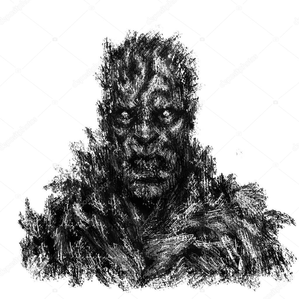 Angry zombie concept. Illustration in genre of horror. White background color.