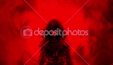 Tehlike kız savaşçı iki kılıç yükseltir. Fantezi animasyon. Kanlı fırtına kapı arka plan üzerinde cehenneme.