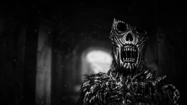 Страшный Зомби Коридоре Тьмы Черный Цвет Фона Анимация Жанре Ужасов — стоковое видео