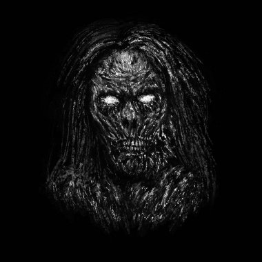 Siyah arka plan üzerine korkunç zombi kadın yüzü. Korku tür çizimde.