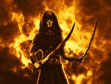 Savaşta iki kılıç ile Amazon. 