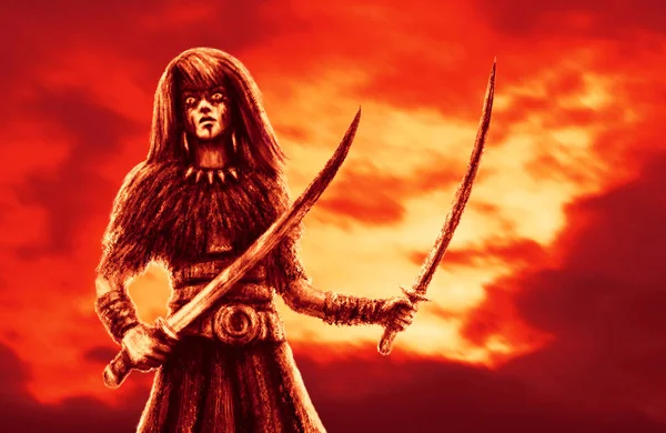 亚马逊在战斗中有两把剑 幻想插图 手绘数字绘图 红色背景颜色 — 图库照片