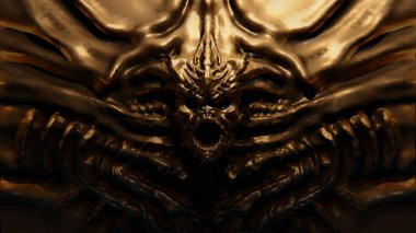 Boynuzları olan bronz kısma canavar. fantezi türünde 3D çizimi.