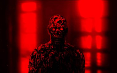 Korkunç vampir yüz. Bir tür korku. Kırmızı arka plan rengi.