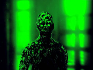 Korkunç zombi kıyamet yüz. Bir tür korku. Yeşil arka plan rengi.
