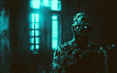 Korkunç zombi kıyamet yüz illüstrasyon. Bir tür korku. Mavi arka plan rengi.